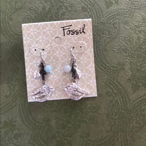 Fossil Silver Bird Earrings with Blue Accents